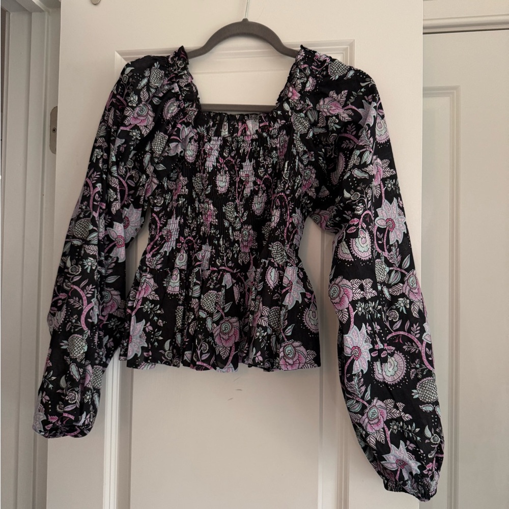Millie Floral Smocked Blouse - Black and Pink